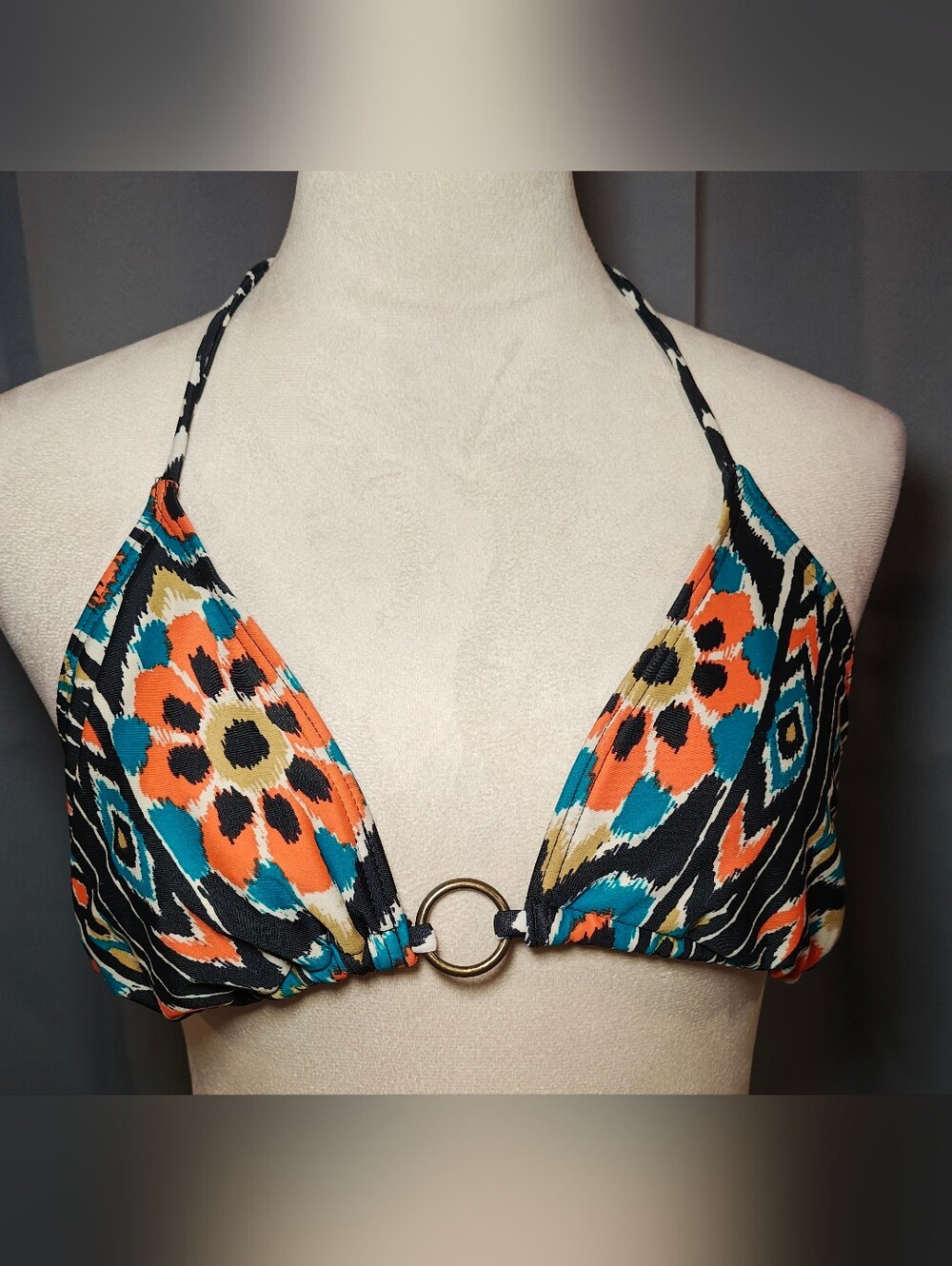 Y2K Xhilaration Multi Pattern Halter Bikini Top w O Ring Center Detail.